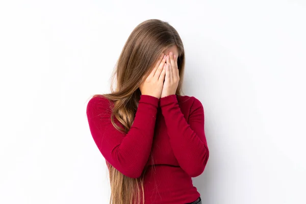 Ragazza Bionda Adolescente Sfondo Bianco Isolato Con Espressione Stanca Malata — Foto Stock