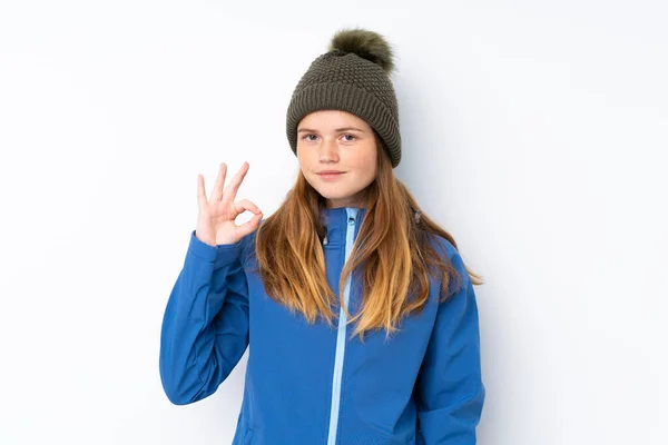 Ukrainischer Teenager Mädchen Mit Wintermütze Über Isolierten Weißen Hintergrund Zeigt — Stockfoto