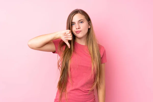 Teenager Blonde Girl Isolated Pink Background Showing Thumb Sign — Stock Photo, Image