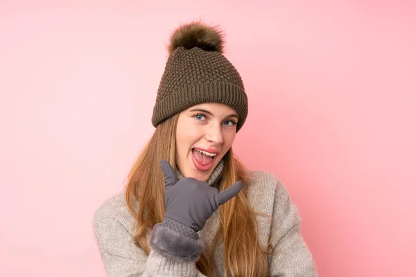 Young Teenager Girl Winter Hat Isolated Pink Background Making Phone — Stock Photo, Image