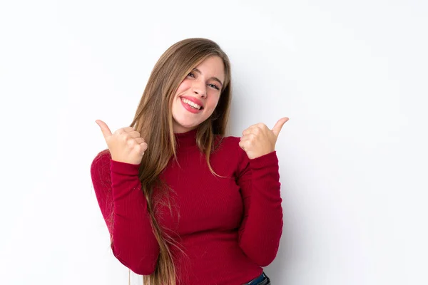 Teenager Blonde Girl Isolated White Background Thumbs Gesture Smiling — Stock Photo, Image