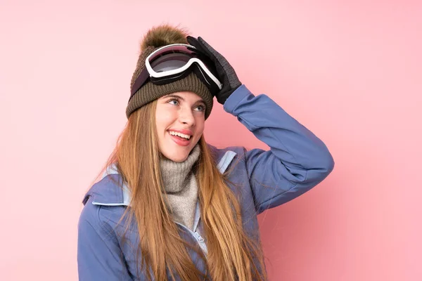 Skier Teenager Girl Snowboarding Glasses Isolated Pink Background Laughing — Stock Photo, Image