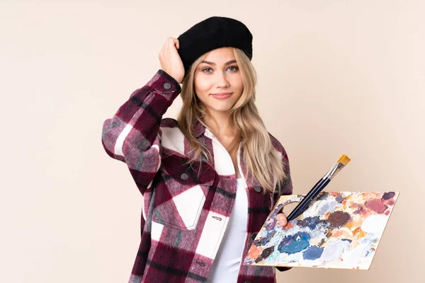 Tonåring Artist Flicka Som Håller Palett Isolerad Blå Bakgrund Med — Stockfoto