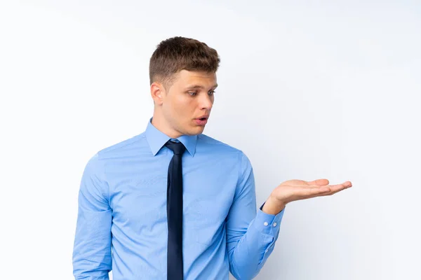 Young Handsome Businessman Holding Copyspace Imaginary Palm — Stock Photo, Image