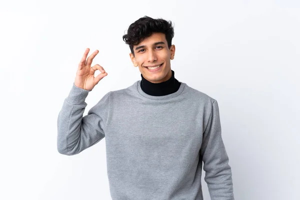 Young Argentinian Man Isolated White Background Showing Sign Fingers — Stock Photo, Image