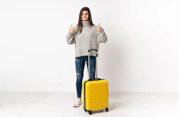 Full Length Body Traveler Woman Suitcase Isolated White Wall Giving — Stock Photo, Image