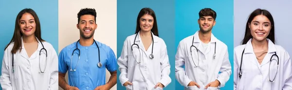 Állítsa Emberek Több Mint Kék Háttér Orvosi Köpeny — Stock Fotó