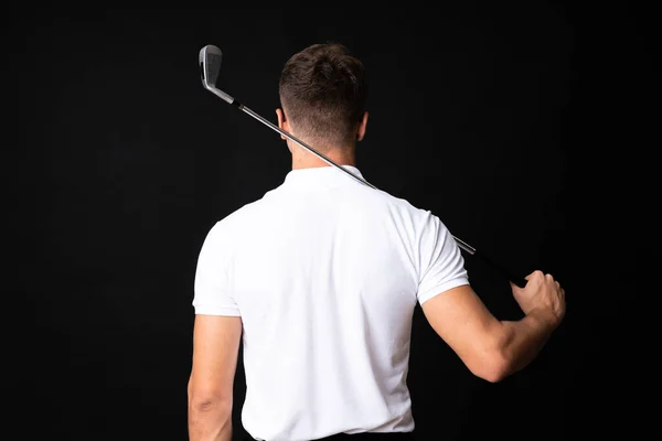 Bonito Jovem Jogador Golfe Homem Sobre Fundo Preto Isolado — Fotografia de Stock