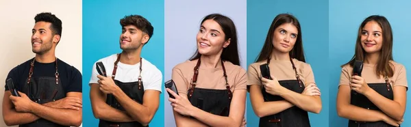 Conjunto Pessoas Sobre Fundo Azul Com Cabeleireiro Vestido Barbeiro Segurando — Fotografia de Stock