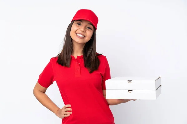 Jovem Pizza Entrega Menina Sobre Isolado Fundo Branco Posando Com — Fotografia de Stock