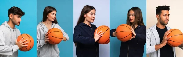 Uppsättning Människor Över Blå Bakgrund Med Bollen Basket — Stockfoto