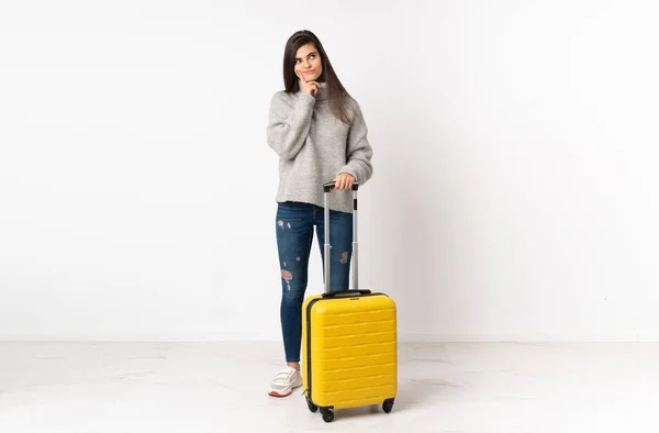 Full Length Body Traveler Woman Suitcase Isolated White Wall Thinking — Stock Photo, Image