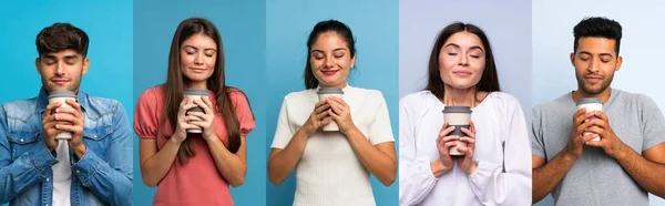 Uppsättning Människor Över Blå Bakgrund Håller Kaffe För Att Bort — Stockfoto