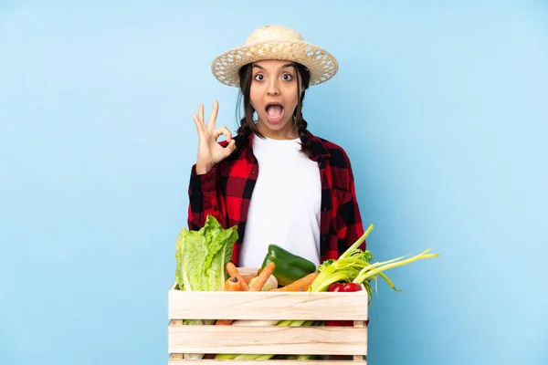 Jonge Boer Vrouw Met Verse Groenten Een Houten Mand Verrast — Stockfoto