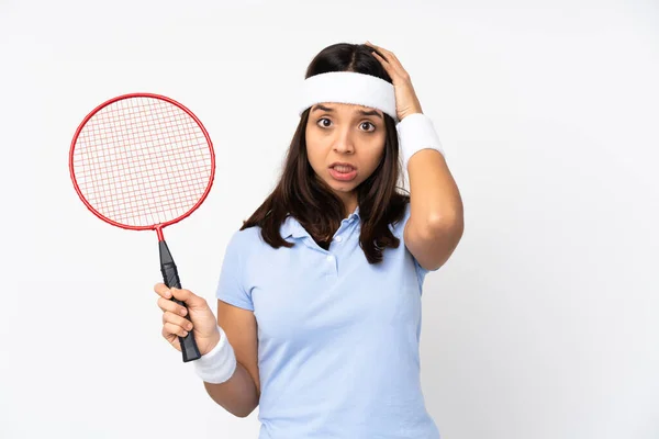 Genç Badmintoncu Kadın Soyutlanmış Beyaz Arka Plan Hayal Kırıklığı Ifadesi — Stok fotoğraf