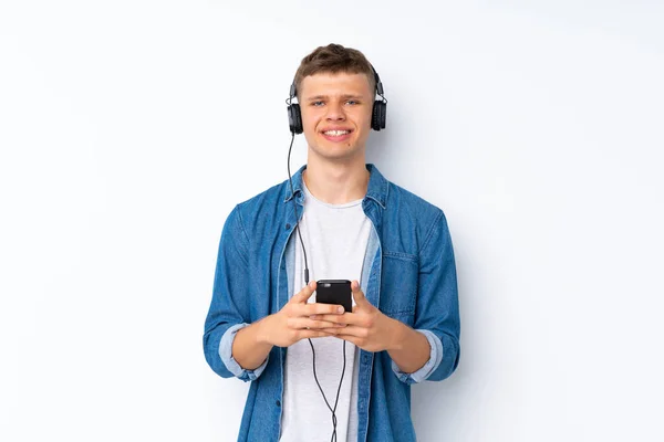 Joven Hombre Guapo Sobre Fondo Blanco Aislado Utilizando Móvil Con —  Fotos de Stock