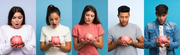 Conjunto Personas Sobre Fondo Azul Sosteniendo Una Gran Hucha —  Fotos de Stock