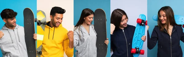 Set Persone Sfondo Blu Con Skate Fare Gesto Della Vittoria — Foto Stock
