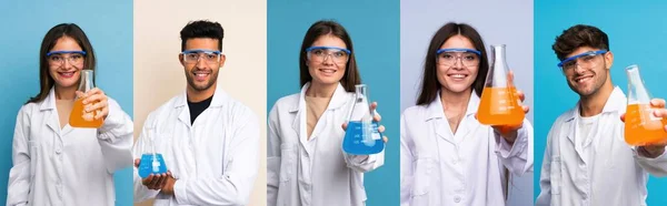 科学的な試験管で青い背景の上の人々のセット — ストック写真