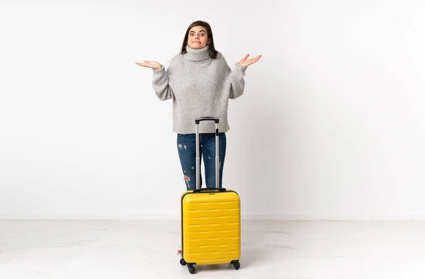 Full Length Body Traveler Woman Suitcase Isolated White Wall Having — Stock Photo, Image