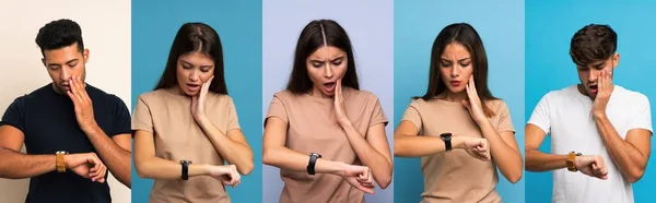 Set Von Menschen Über Blauem Hintergrund Mit Armbanduhr Und Überrascht — Stockfoto