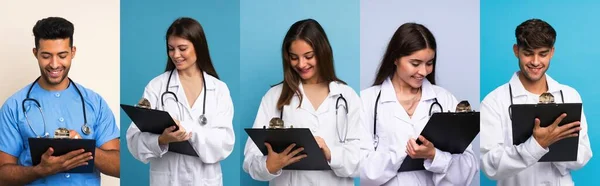 Conjunto Pessoas Sobre Fundo Azul Com Vestido Médico Escrever Uma — Fotografia de Stock