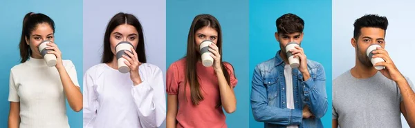 Conjunto Pessoas Sobre Fundo Azul Segurando Bebendo Café Para Levar — Fotografia de Stock