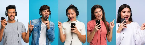 Set People Blue Background Using Mobile Headphones Singing — Stock Photo, Image