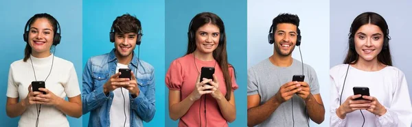 Mavi Arka Plandaki Bir Grup Insan Kulaklıklı Cep Telefonunu Kullanıyor — Stok fotoğraf