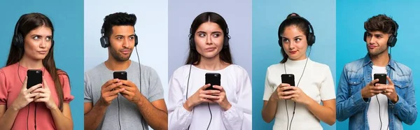 Conjunto Pessoas Sobre Fundo Azul Usando Celular Com Fones Ouvido — Fotografia de Stock