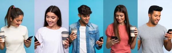 Mavi Arka Planda Kahve Cep Telefonu Olan Bir Grup Insan — Stok fotoğraf