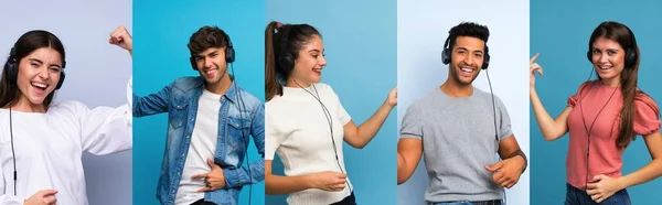 Conjunto Personas Sobre Fondo Azul Usando Móvil Con Auriculares Bailando — Foto de Stock