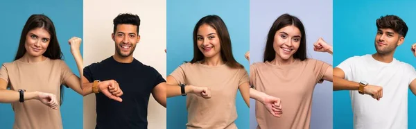 Set Von Menschen Über Blauem Hintergrund Mit Armbanduhr Und Glücklichem — Stockfoto