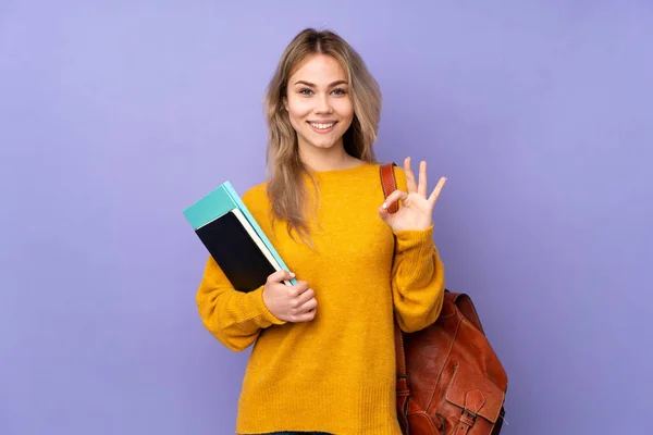 Adolescente Estudiante Rusa Chica Aislado Púrpura Fondo Mostrando Signo Con — Foto de Stock