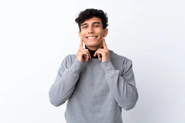 Young Argentinian Man Isolated White Background Smiling Happy Pleasant Expression — Stock Photo, Image