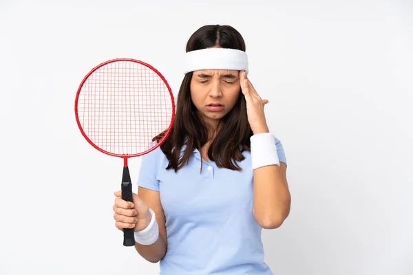 Jovem Jogador Badminton Mulher Sobre Fundo Branco Isolado Com Dor — Fotografia de Stock