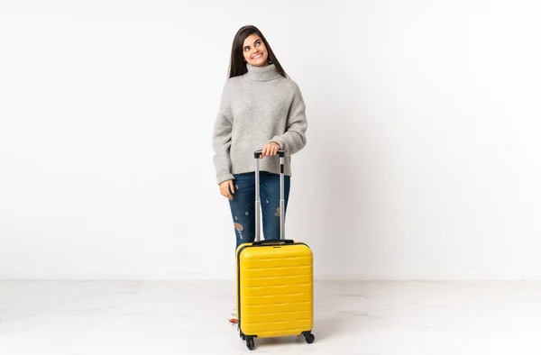 Full Length Body Traveler Woman Suitcase Isolated White Wall Laughing — Stock Photo, Image