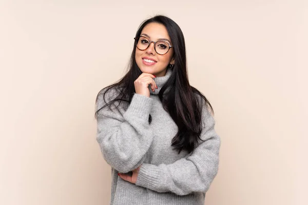 Young Colombian Girl Isolated Background Glasses Smiling — Stock Photo, Image