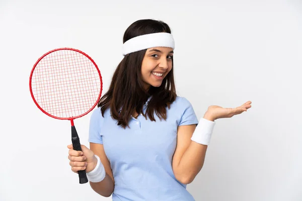 Zole Edilmiş Beyaz Arkaplan Üzerinde Genç Badminton Oyuncusu Kadın Bir — Stok fotoğraf
