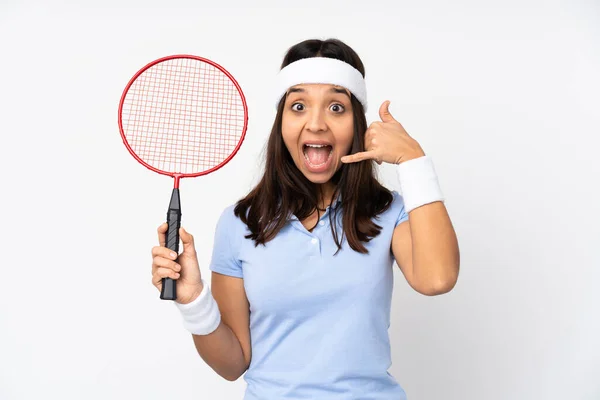 Genç Badmintoncu Kadın Izole Edilmiş Beyaz Arka Planda Telefon Jesti — Stok fotoğraf