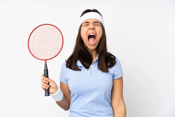 Joven Jugador Bádminton Mujer Sobre Fondo Blanco Aislado Gritando Frente —  Fotos de Stock