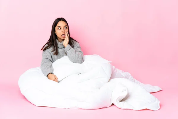Young Mixed Race Woman Wearing Pijama Sitting Floor Whispering Something — Stock Photo, Image