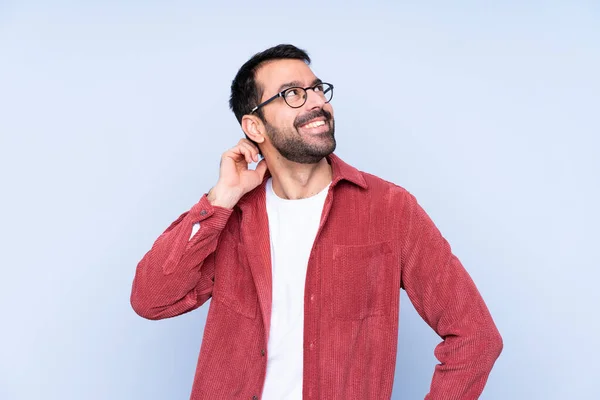 Young Caucasian Man Wearing Corduroy Jacket Blue Background Thinking Idea — Stock Photo, Image