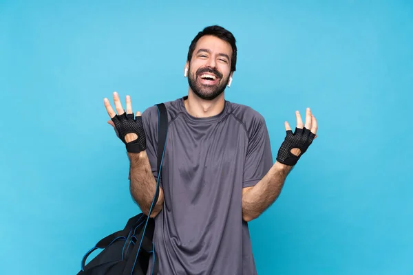Young Sport Man Beard Isolated Blue Background Smiling Lot — Stok fotoğraf