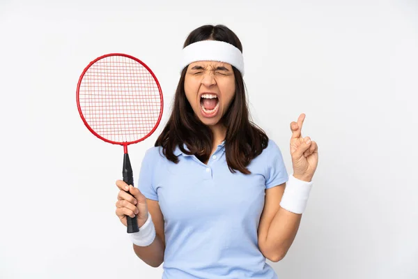 Joven Jugador Bádminton Mujer Sobre Fondo Blanco Aislado Con Los — Foto de Stock