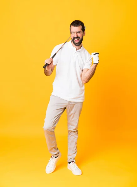 Full Length Shot Man Isolated Yellow Background Playing Golf Celebrating — Stock Photo, Image