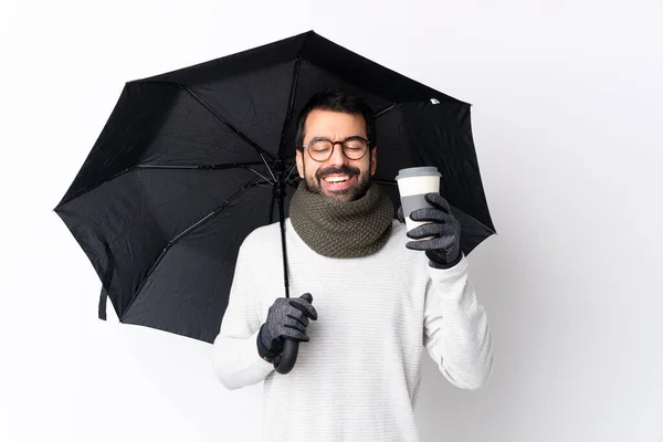 Homem Bonito Caucasiano Com Barba Segurando Guarda Chuva Café Para — Fotografia de Stock