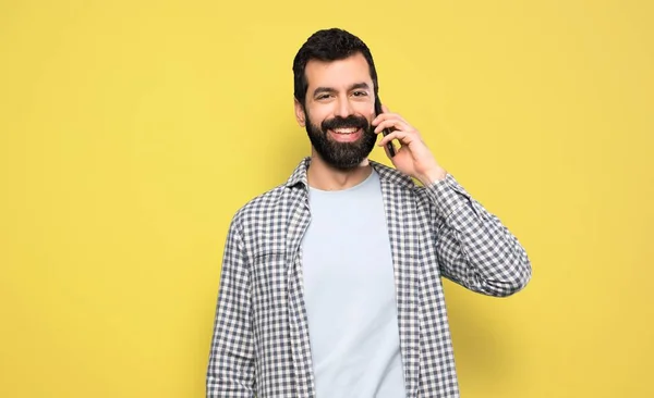 Handsome Man Beard Keeping Conversation Mobile Phone — Stock Photo, Image