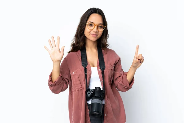 Young Photographer Woman Isolated White Background Counting Six Fingers — Stock Photo, Image