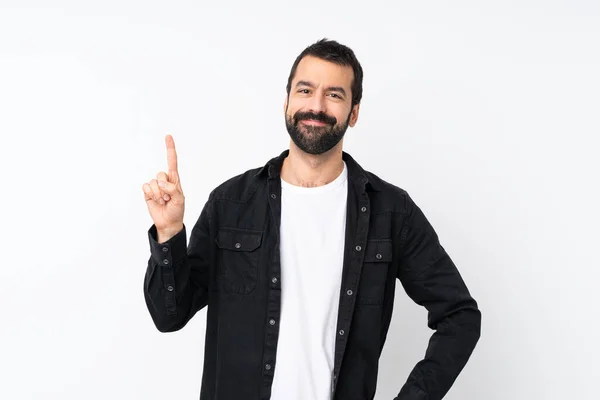 Young Man Beard Isolated White Background Showing Lifting Finger Sign — Stock Photo, Image